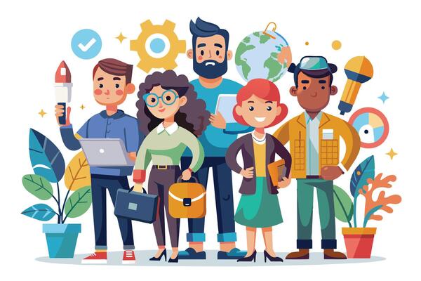 A diverse team working together happily